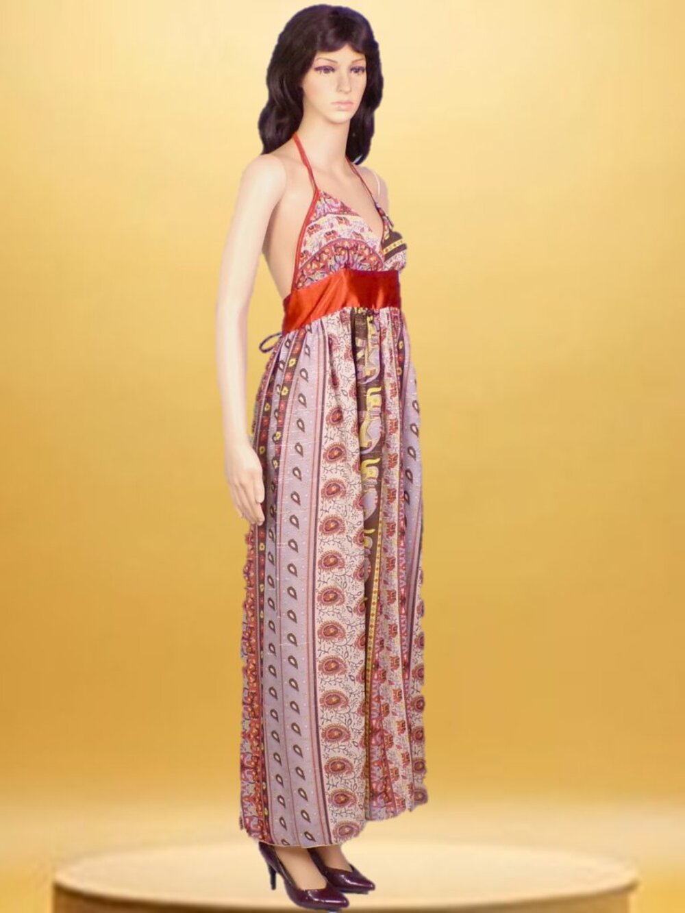 TRICIA FIX size S multicolor elephant-theme off-the-shouldr fit/flare maxi dress - Picture 2 of 14